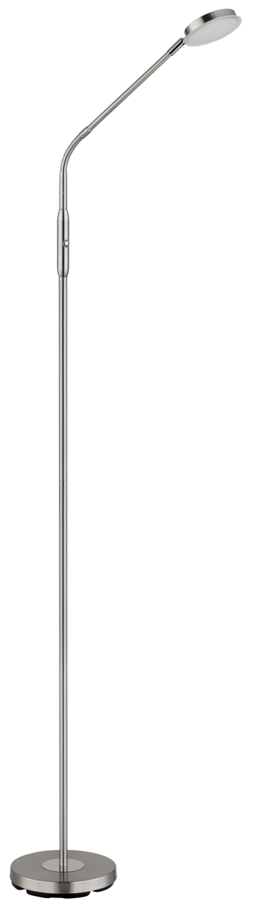Elegante LED-Stehleuchte in gebürstetem Metall mit flexiblem Hals, seitliche Ansicht