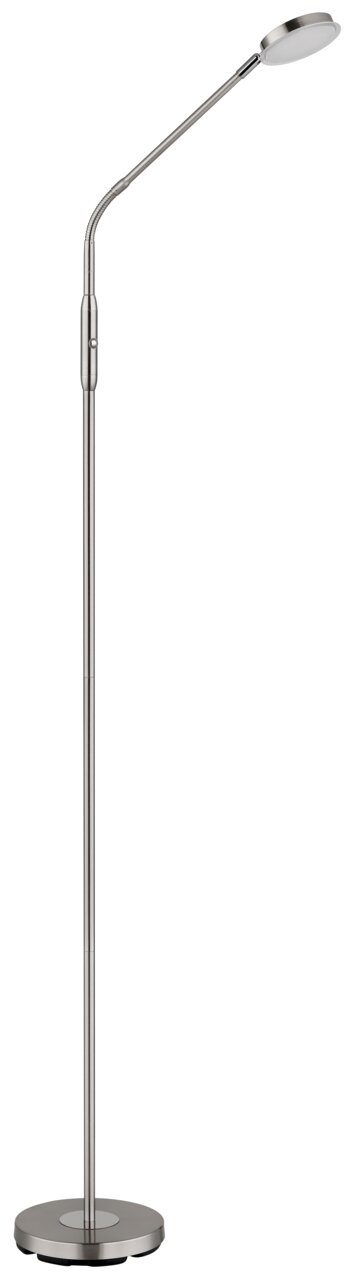 Elegante LED-Stehleuchte in gebürstetem Metall mit flexiblem Hals, seitliche Ansicht