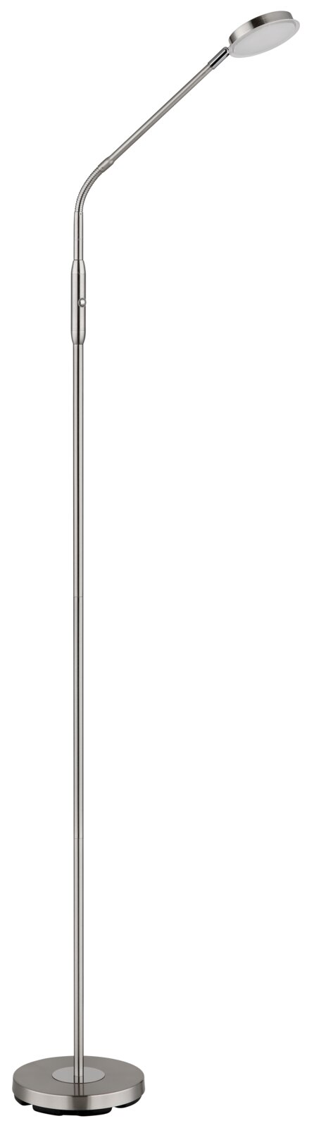Elegante LED-Stehleuchte in gebürstetem Metall mit flexiblem Hals, seitliche Ansicht