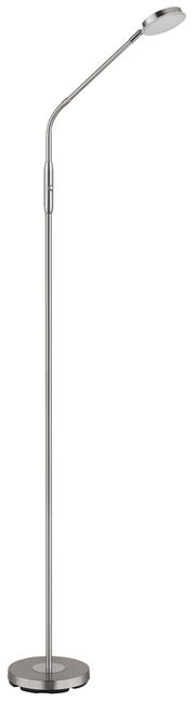 Elegante LED-Stehleuchte in gebürstetem Metall mit flexiblem Hals, seitliche Ansicht