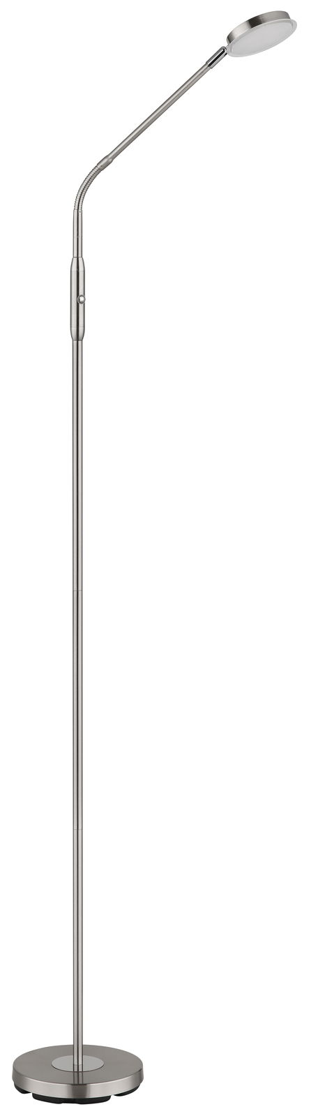 Elegante LED-Stehleuchte in gebürstetem Metall mit flexiblem Hals, seitliche Ansicht