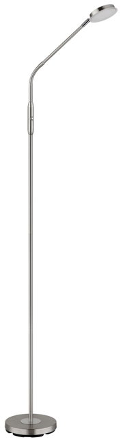Elegante LED-Stehleuchte in gebürstetem Metall mit flexiblem Hals, seitliche Ansicht