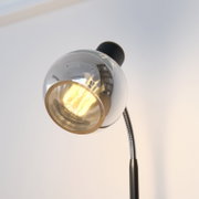 Nahaufnahme einer modernen Tischleuchte mit flexiblem Hals und glänzendem, kugelförmigem Lampenschirm.