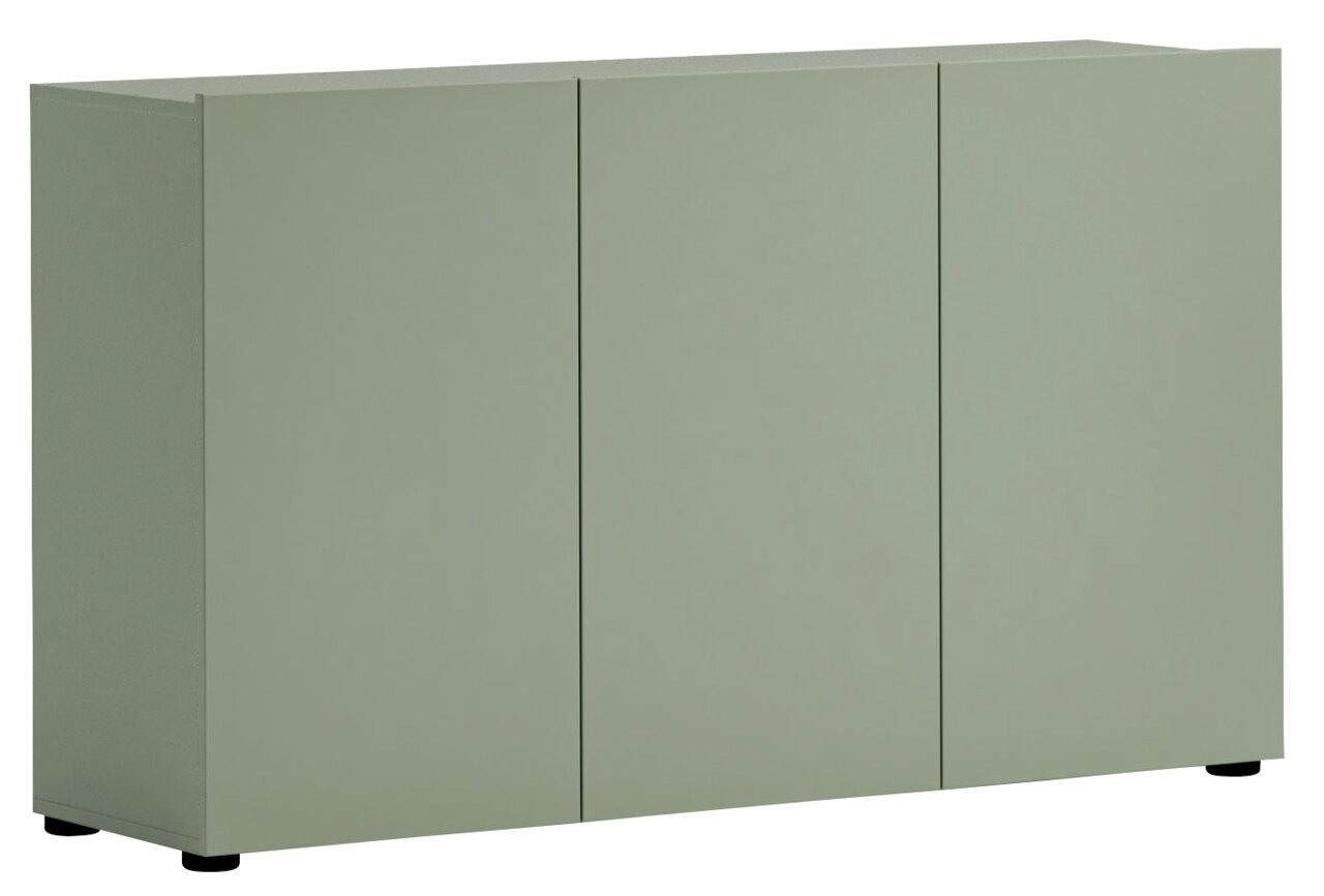 Grüne Kommode mit drei Türen, frontal fotografiert