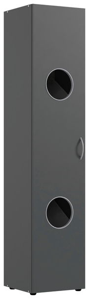 Grauer Wäscheschrank mit zwei runden Sichtfenstern, Frontalansicht