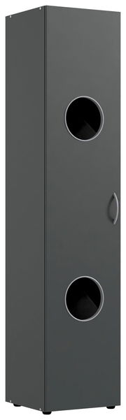 Grauer Wäscheschrank mit zwei runden Sichtfenstern, Frontalansicht