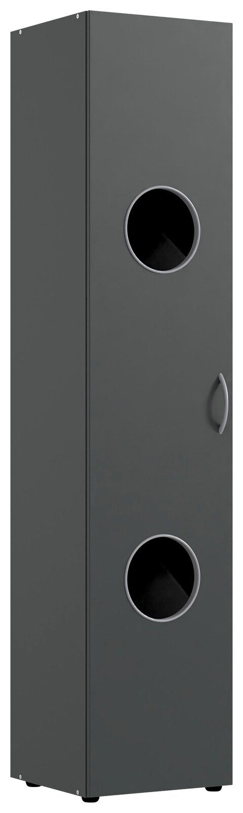 Grauer Wäscheschrank mit zwei runden Sichtfenstern, Frontalansicht