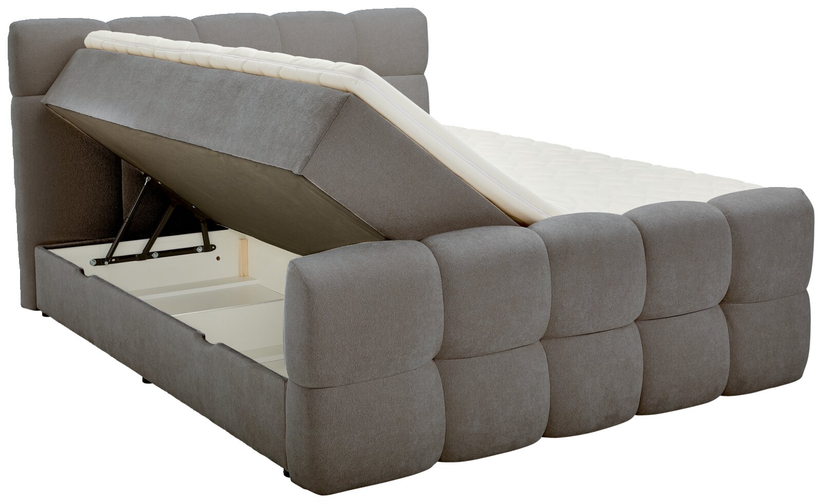 Boxbett mit hochgeklappter Matratze und Stauraum, seitliche Perspektive