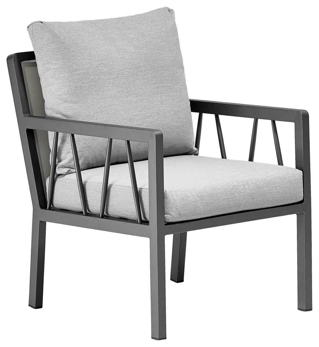Amatio Gartensessel ZAMORA Moderner Gartensessel mit grauem Metallrahmen und hellgrauen Kissen, seitliche Perspektive