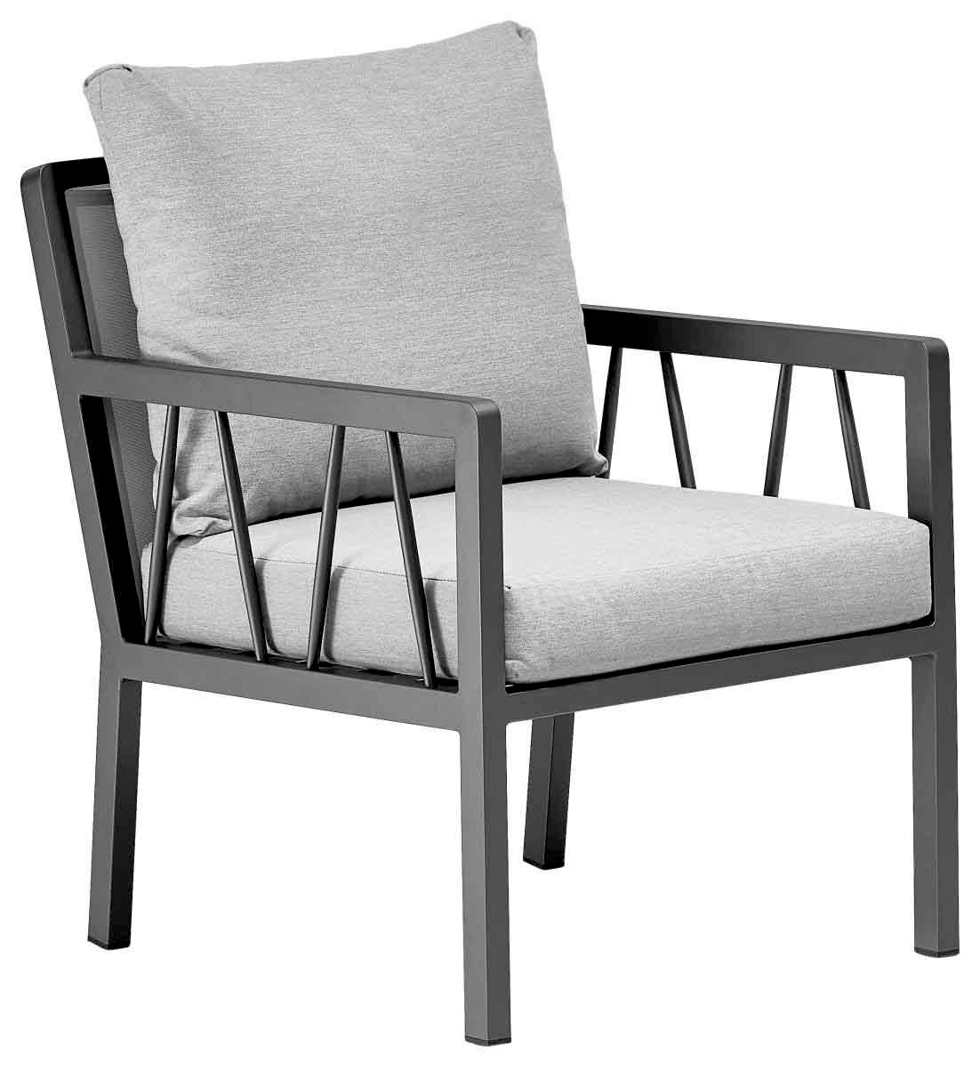 Amatio Gartensessel ZAMORA Moderner Gartensessel mit grauem Metallrahmen und hellgrauen Kissen, seitliche Perspektive