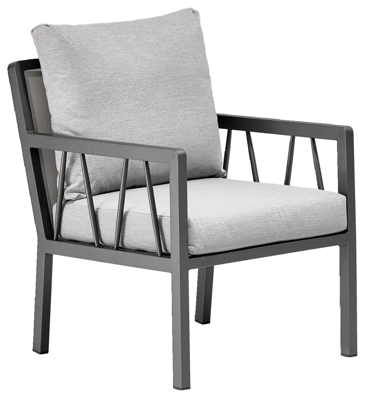 Amatio Gartensessel ZAMORA Moderner Gartensessel mit grauem Metallrahmen und hellgrauen Kissen, seitliche Perspektive