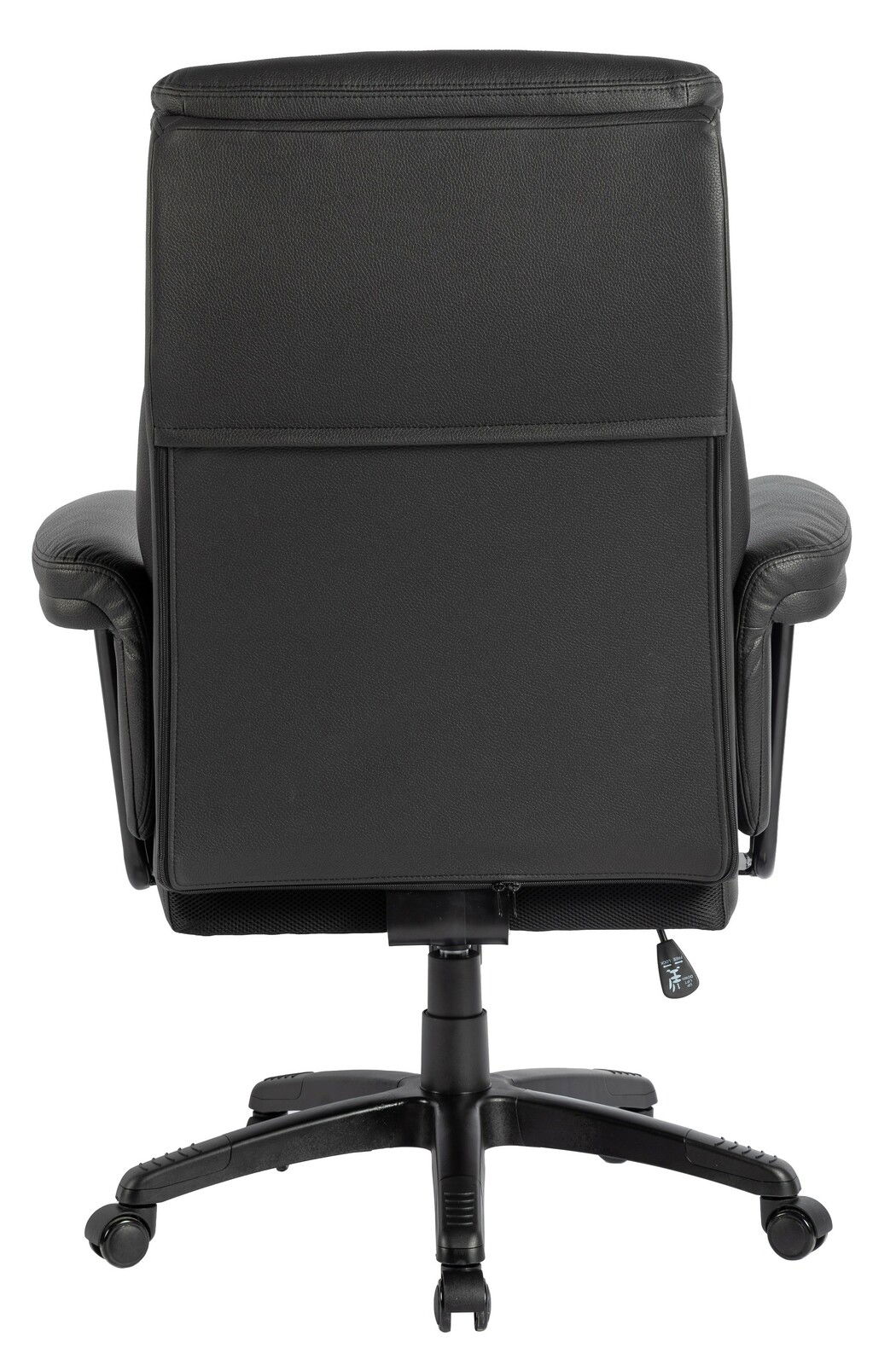 Rückansicht eines schwarzen Chefsessels mit Armlehnen und Rollen