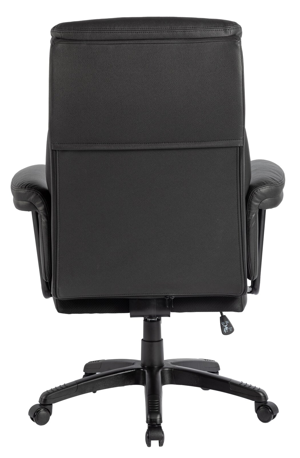Rückansicht eines schwarzen Chefsessels mit Armlehnen und Rollen