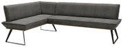 Moderne Eckbank in L-Form mit grauem Stoffbezug und schwarzen Metallbeinen, seitliche Perspektive