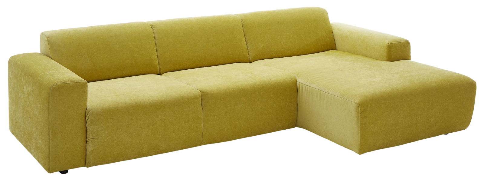 Gelbes Longchair-Sofa aus Stoff, perspektivisch von vorne rechts fotografiert.