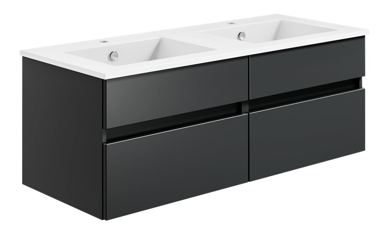 Moderne Badkombination mit zwei Waschbecken, schwarze Schubladenfronten, seitliche Perspektive