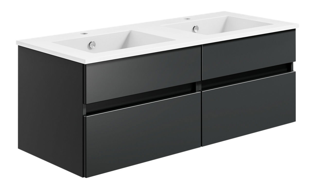 Moderne Badkombination mit zwei Waschbecken, schwarze Schubladenfronten, seitliche Perspektive