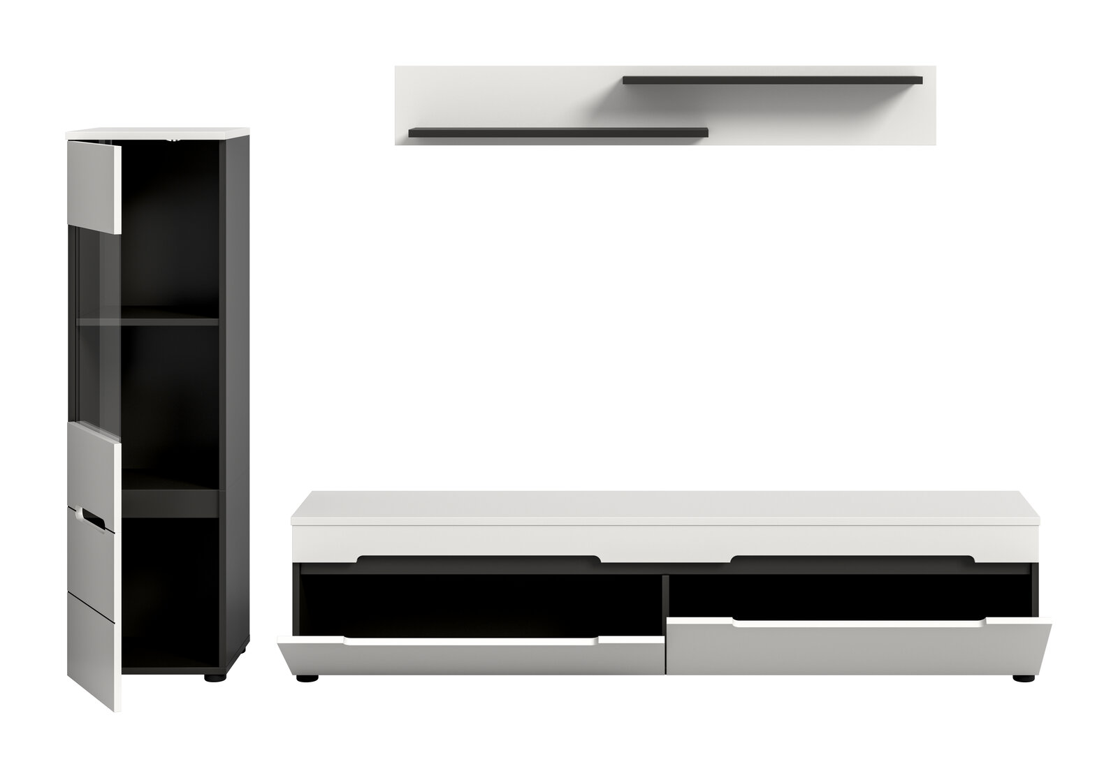 Modernes Wohnzimmermöbel-Set in Weiß und Schwarz: hoher Vitrinenschrank mit Glastür und Schublade, Lowboard mit zwei Schubladen sowie zwei Wandregale, frontal in leichter Schrägansicht auf weißem Hintergrund.