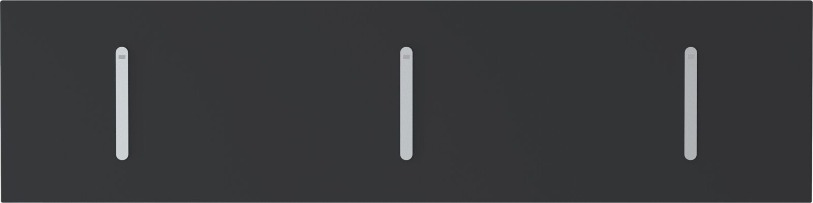 Moderano Klapphakenleiste LECCO Schwarze Klapphakenleiste mit drei silbernen Haken, frontal betrachtet.