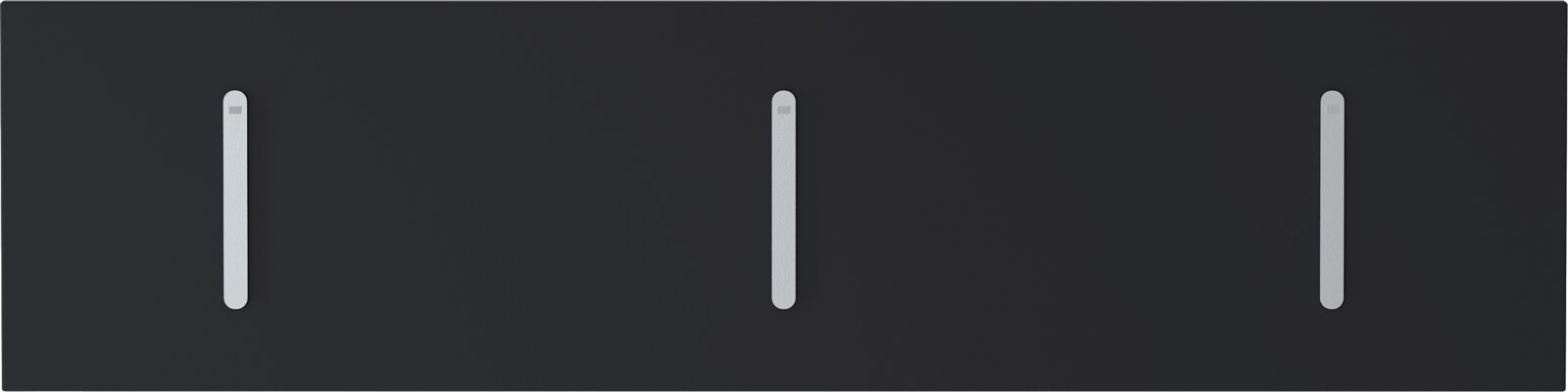 Moderano Klapphakenleiste LECCO Schwarze Klapphakenleiste mit drei silbernen Haken, frontal betrachtet.