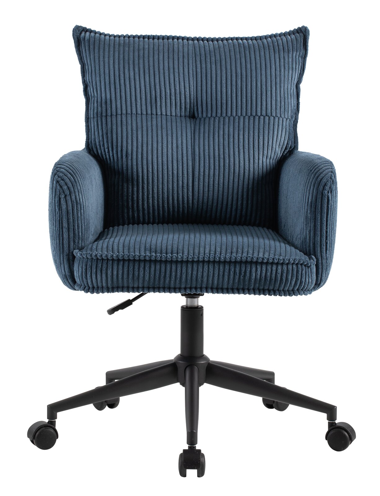 Blauer Drehstuhl mit geripptem Stoffbezug, Vorderansicht