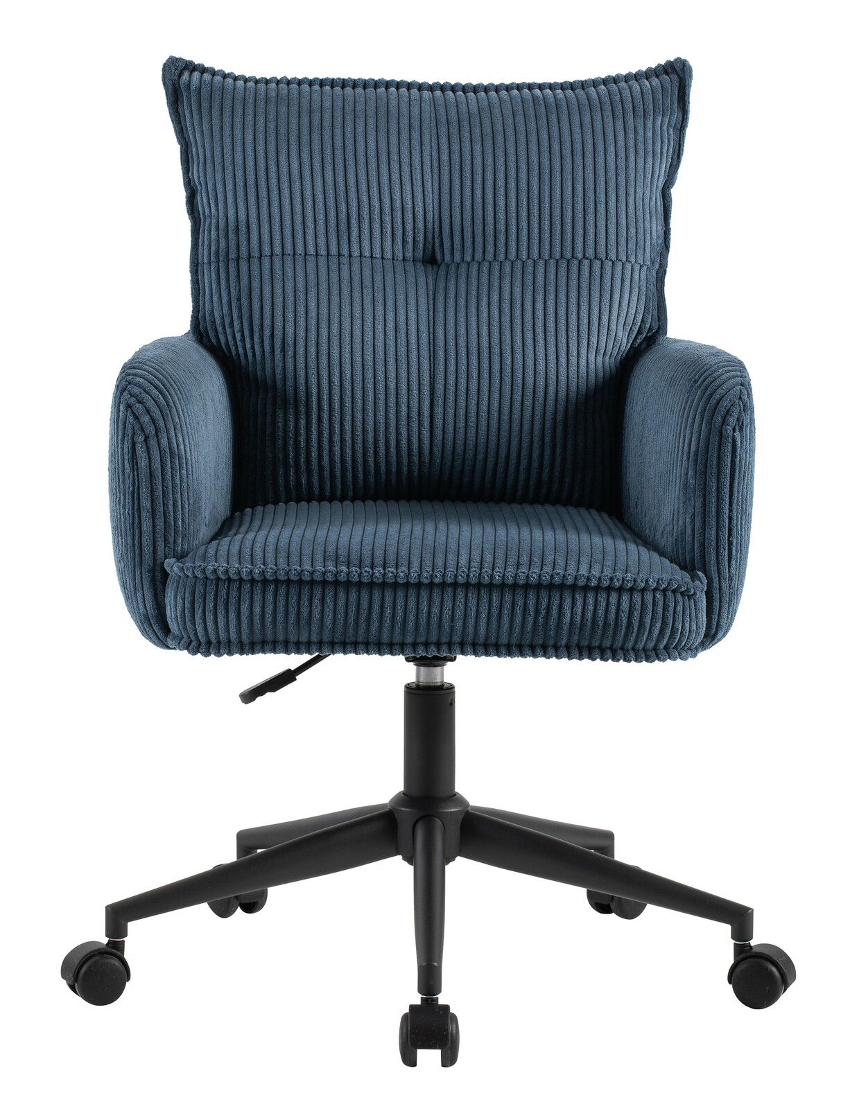 Blauer Drehstuhl mit geripptem Stoffbezug, Vorderansicht