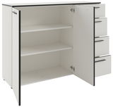 Weißes Sideboard mit offenen Türen und Schubladen, seitliche Perspektive