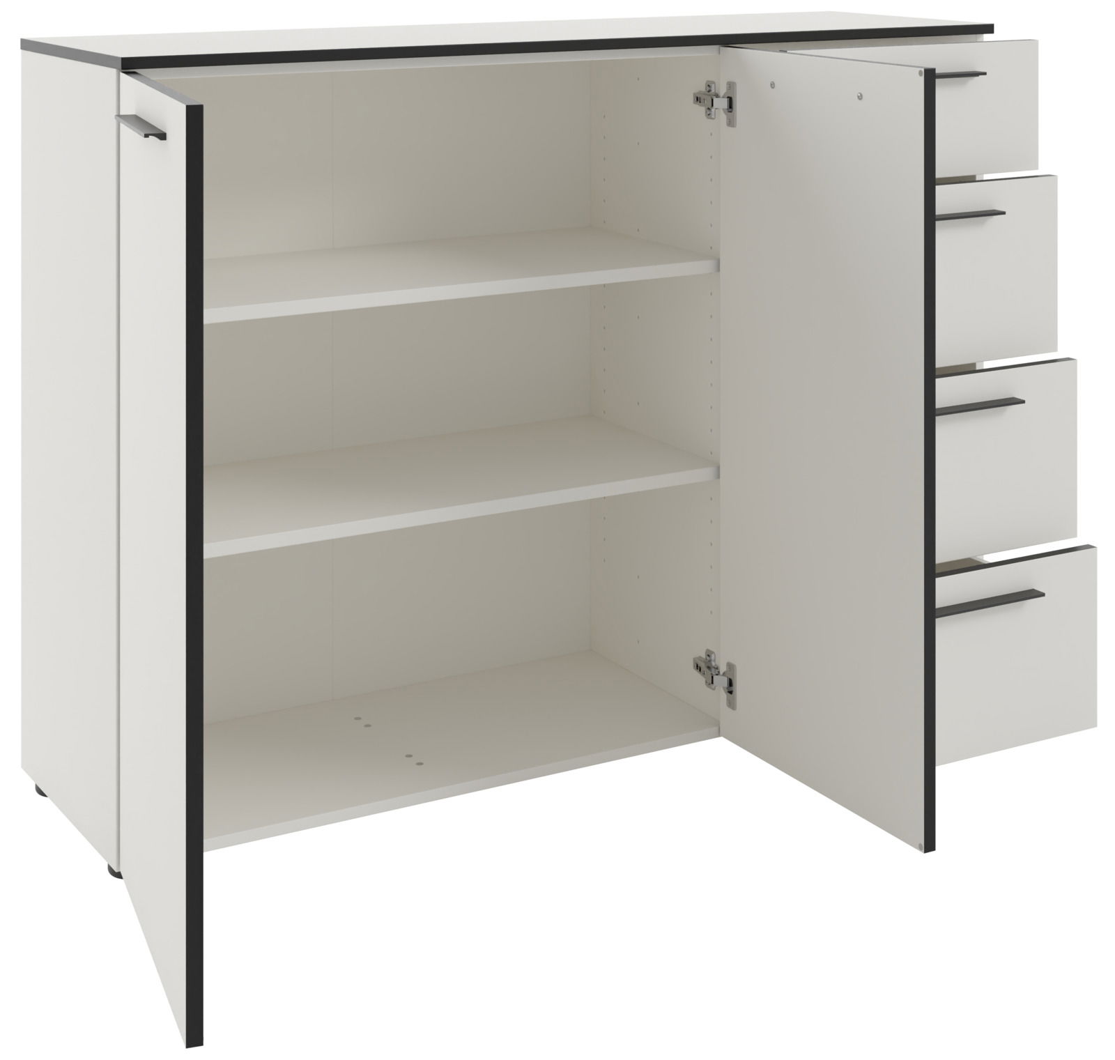 Weißes Sideboard mit offenen Türen und Schubladen, seitliche Perspektive