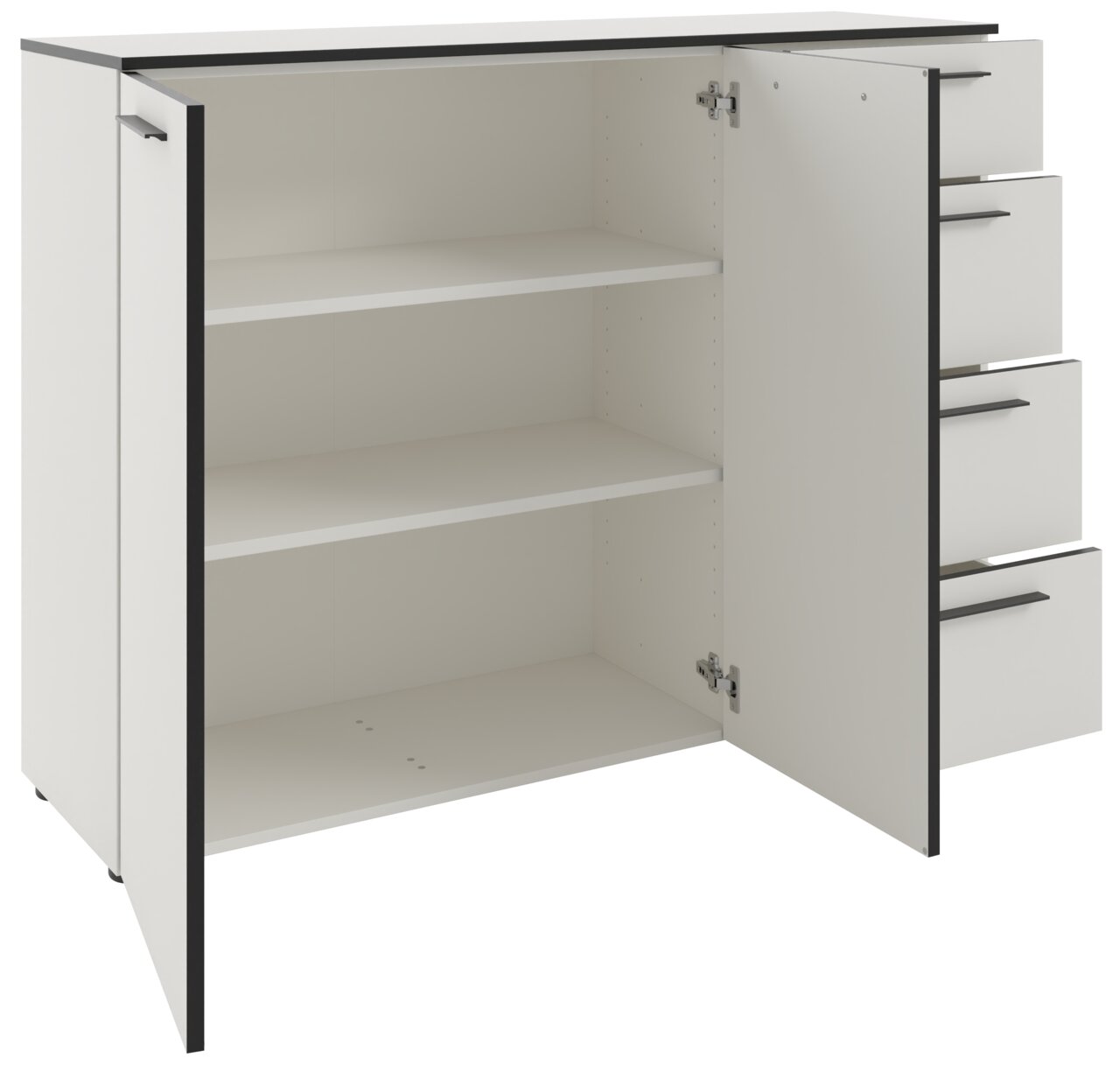 Weißes Sideboard mit offenen Türen und Schubladen, seitliche Perspektive