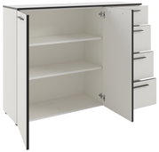 Weißes Sideboard mit offenen Türen und Schubladen, seitliche Perspektive