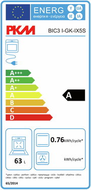 Energieeffizienzlabel für ein Küchengerät der Marke PKM, Modell BIC3 I-GK-IX5S, mit Energieeffizienzklasse A, 63 Liter Volumen und einem Energieverbrauch von 0,76 kWh pro Zyklus. Frontalansicht.