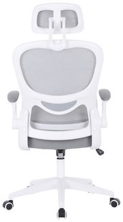 Rückansicht des Livetastic Drehstuhls MARA mit weißem Rahmen und grauem Netzrücken.