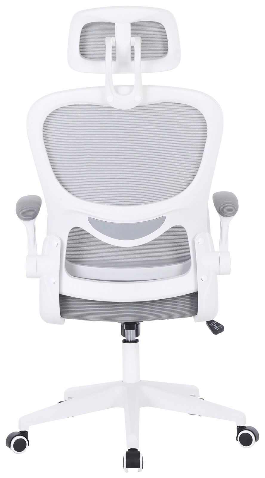 Rückansicht des Livetastic Drehstuhls MARA mit weißem Rahmen und grauem Netzrücken.