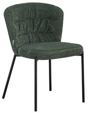 Grüner Stuhl mit gepolsterter Sitzfläche und Rückenlehne, schwarzes Metallgestell, seitliche Perspektive