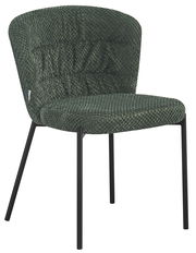 Grüner Stuhl mit gepolsterter Sitzfläche und Rückenlehne, schwarzes Metallgestell, seitliche Perspektive