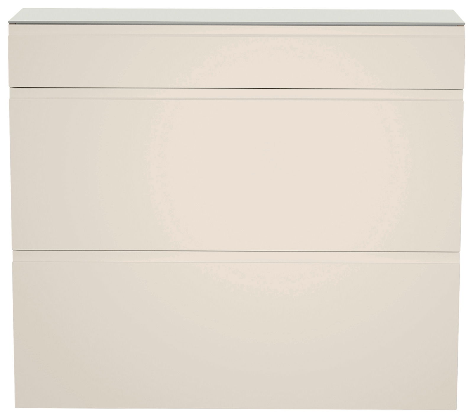 Hängeschuhschrank in cremeweißer Farbe, frontal betrachtet, mit einem Schubfach und zwei Klappen.