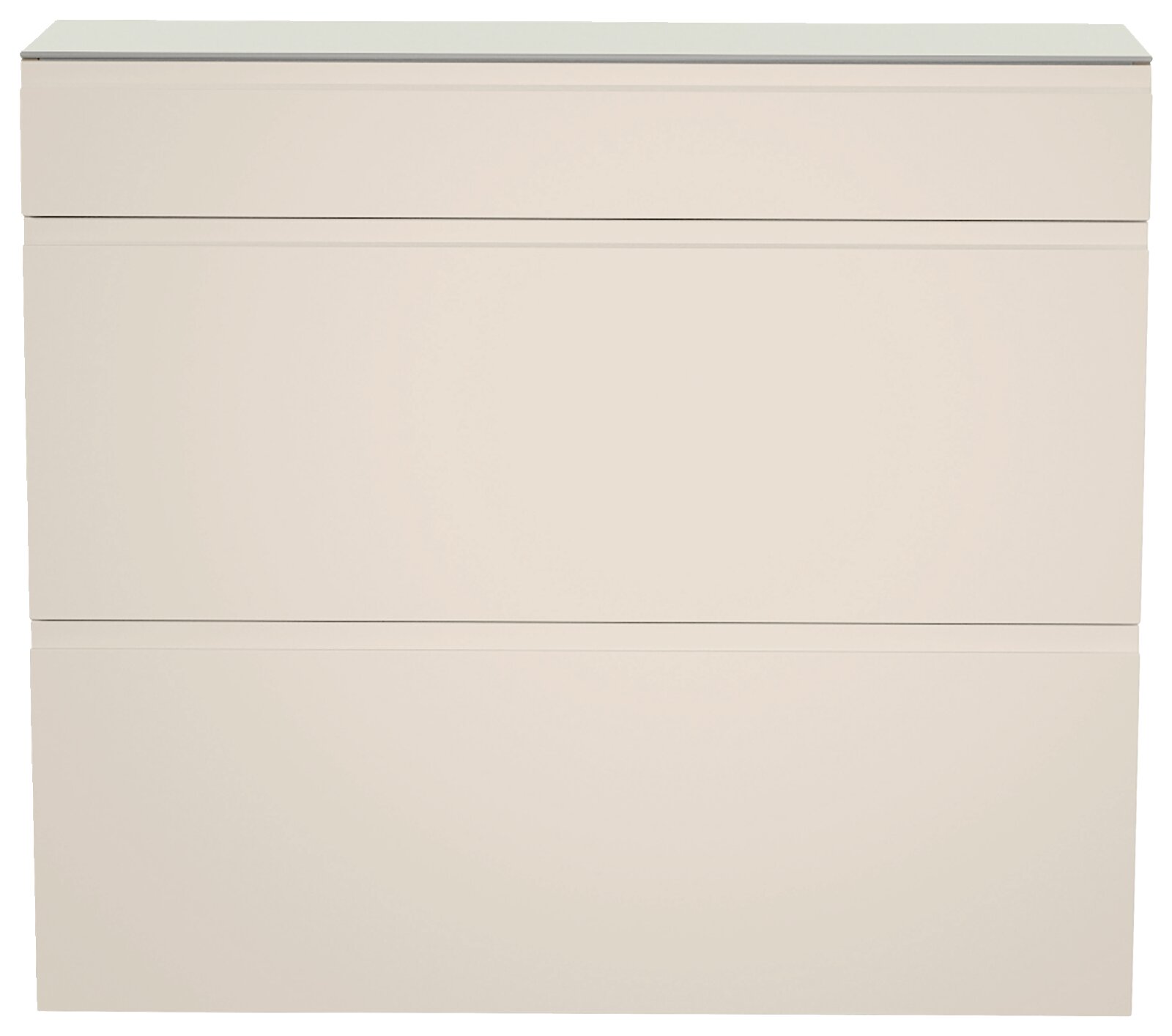 Hängeschuhschrank in cremeweißer Farbe, frontal betrachtet, mit einem Schubfach und zwei Klappen.