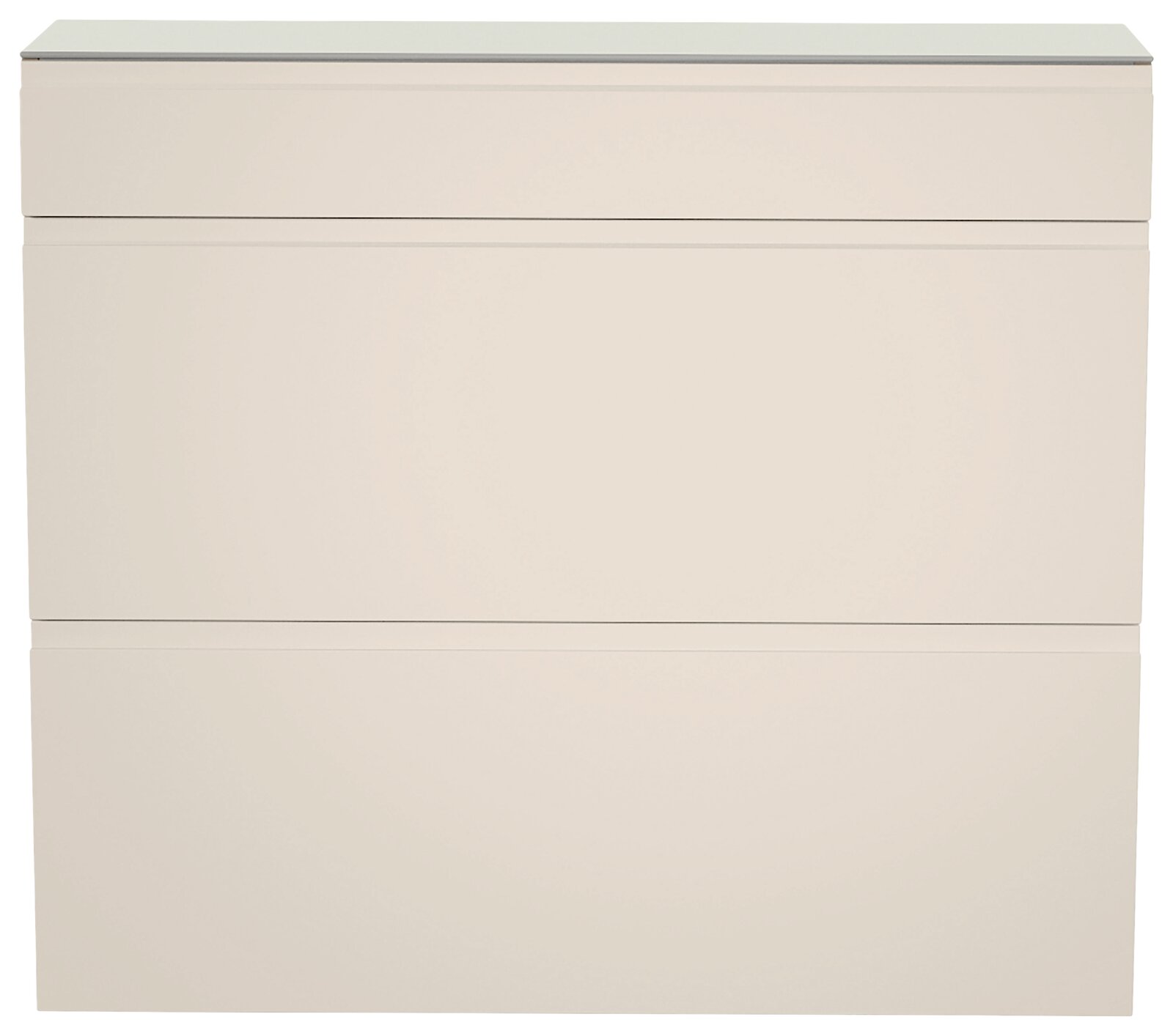 Hängeschuhschrank in cremeweißer Farbe, frontal betrachtet, mit einem Schubfach und zwei Klappen.