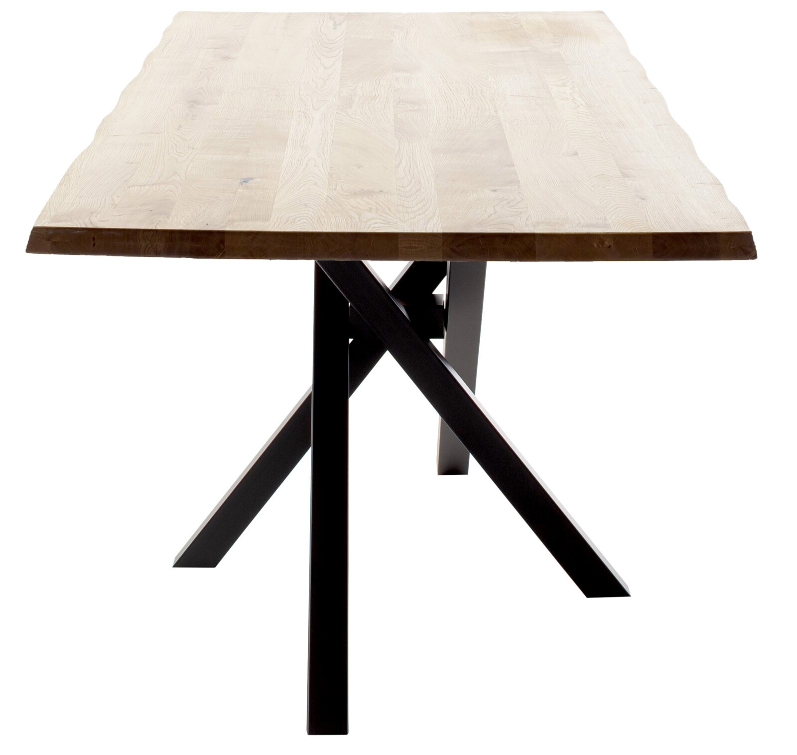 Esstisch 200x100cm mit Holzplatte und schwarzen Metallbeinen, seitliche Perspektive