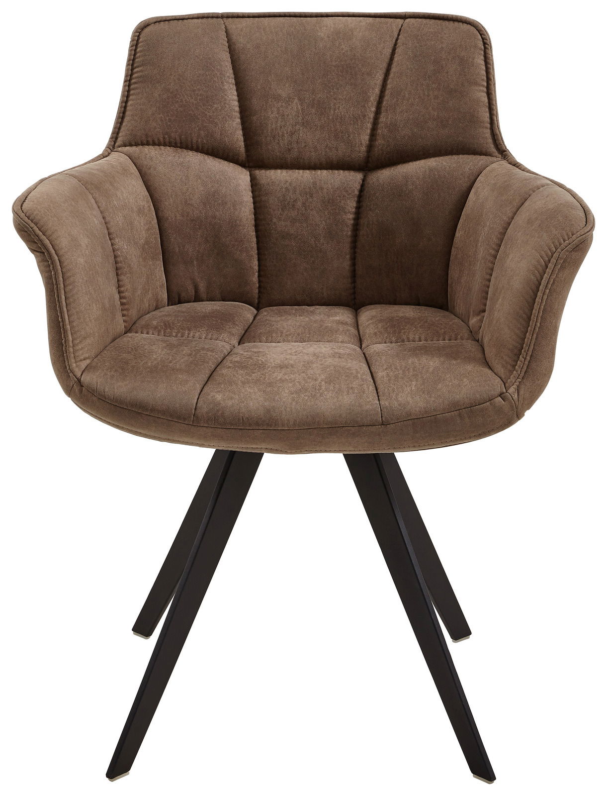Brauner Sessel mit gepolstertem Sitz und Rückenlehne, auf schwarzen Metallbeinen, Frontalansicht