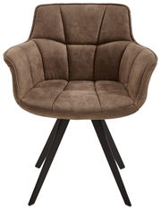 Brauner Sessel mit gepolstertem Sitz und Rückenlehne, auf schwarzen Metallbeinen, Frontalansicht