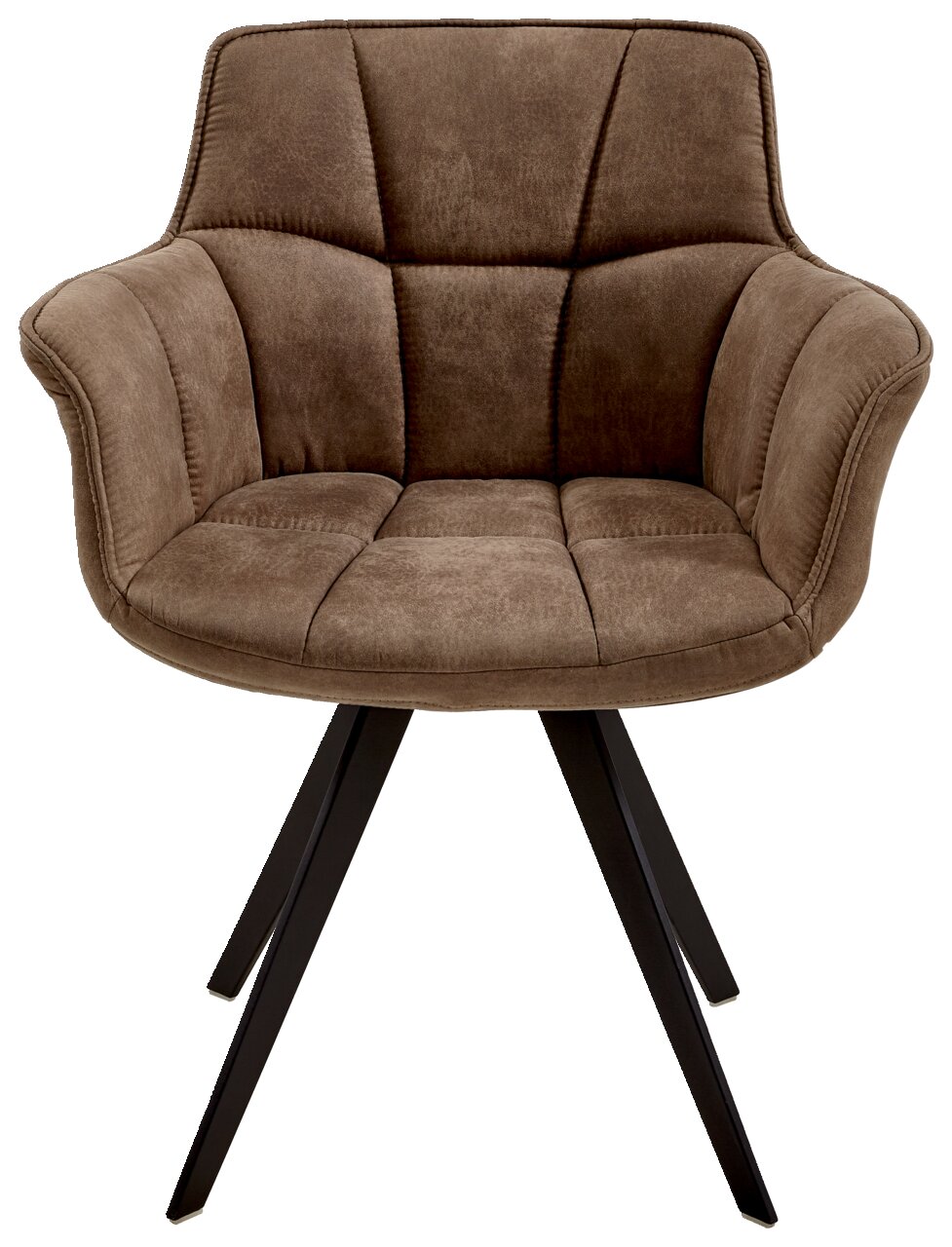 Brauner Sessel mit gepolstertem Sitz und Rückenlehne, auf schwarzen Metallbeinen, Frontalansicht