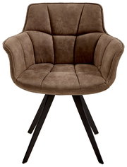 Brauner Sessel mit gepolstertem Sitz und Rückenlehne, auf schwarzen Metallbeinen, Frontalansicht