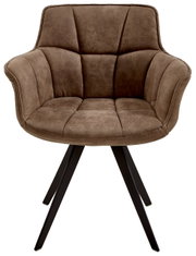 Brauner Sessel mit gepolstertem Sitz und Rückenlehne, auf schwarzen Metallbeinen, Frontalansicht
