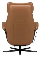 Rückansicht eines braunen Relaxsessels mit schwarzem Drehfuß