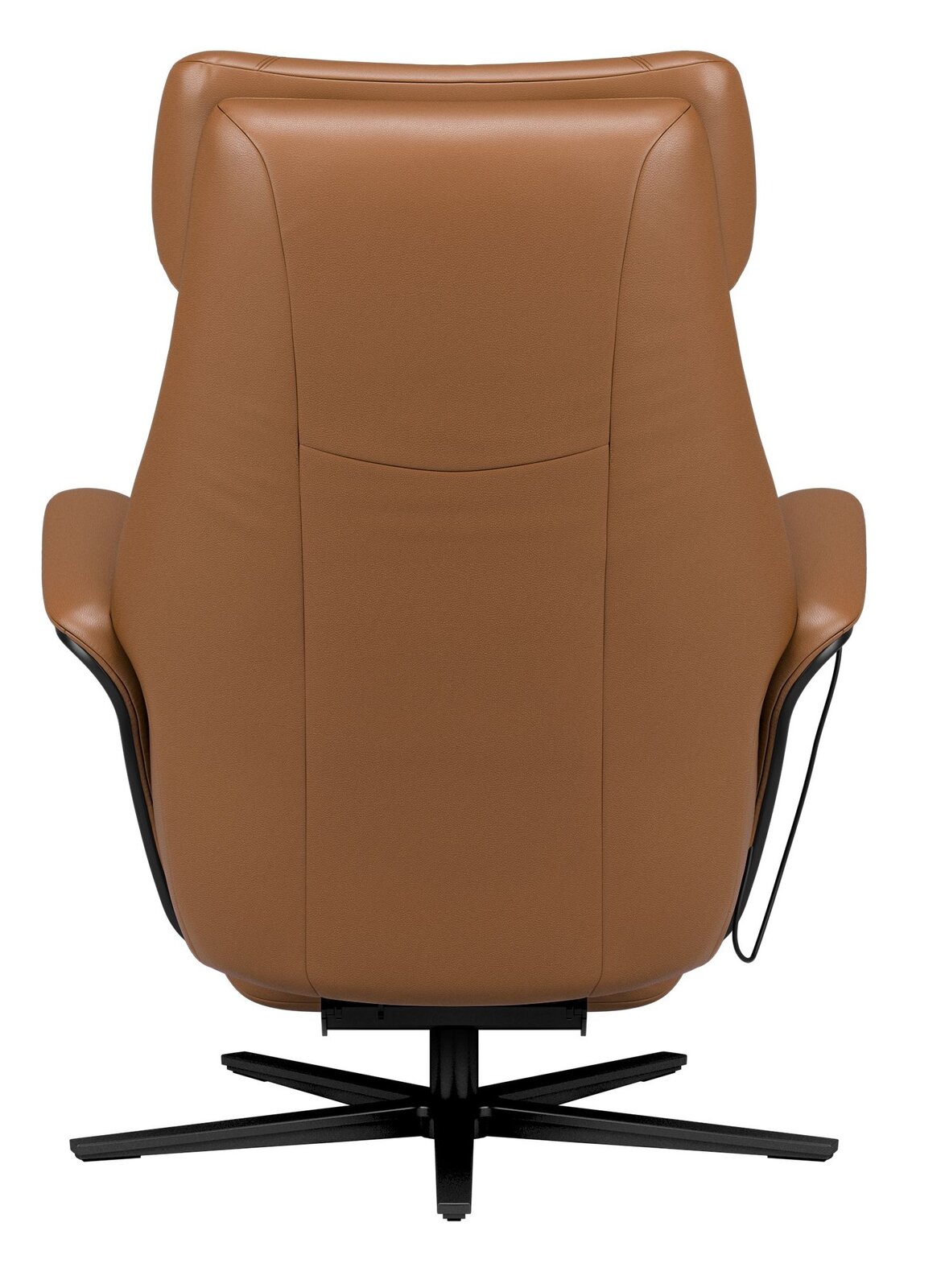 Rückansicht eines braunen Relaxsessels mit schwarzem Drehfuß
