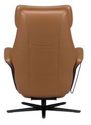 Rückansicht eines braunen Relaxsessels mit schwarzem Drehfuß