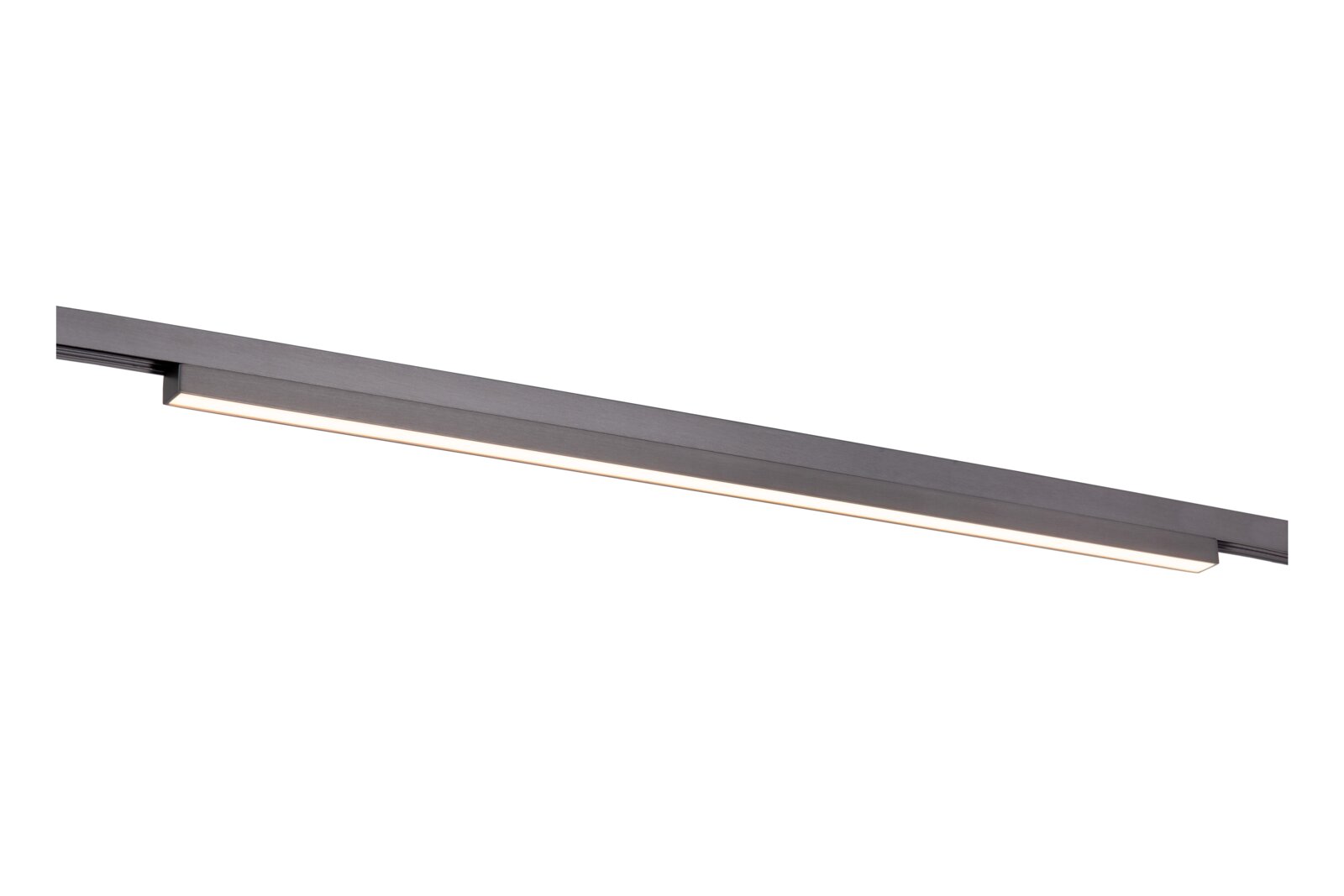 Langwerpige zwarte LED-railarmatuur met geïntegreerde lichtstrip, schuin van onderen gefotografeerd op witte achtergrond