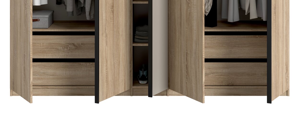 Geöffneter Kleiderschrank in Eiche-Optik mit schwarzen Akzenten, Schubladen und Fächern mit Kleidung und Aufbewahrungsboxen, frontale Ansicht.