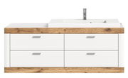 Moderner Waschbeckenunterschrank mit vier Schubladen in Weiß und Holzoptik, Frontansicht.